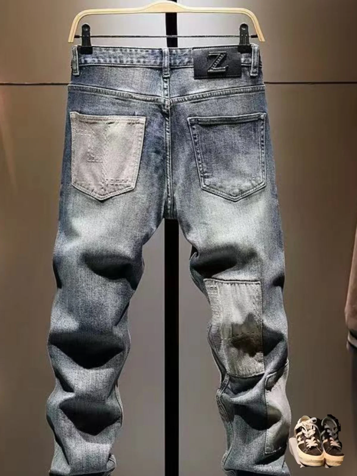 アメリカンレトロパッチワークホールデニムジーンズメンズトレンディブランドHaomeスリムフィット小足弾性ロングパンツ韓国版