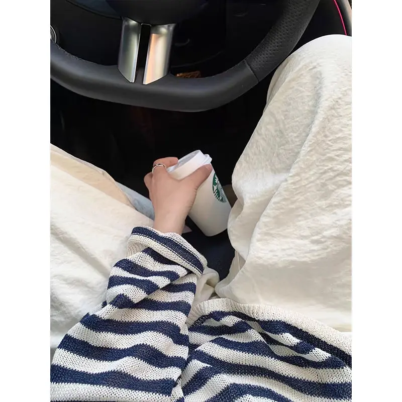 Deeptown Korean Fashion Striped Knitted T-shirt Women Vintage Sweet Long Sleeve T Shirt Casual Y2k Streetwear Loose Thin Tops