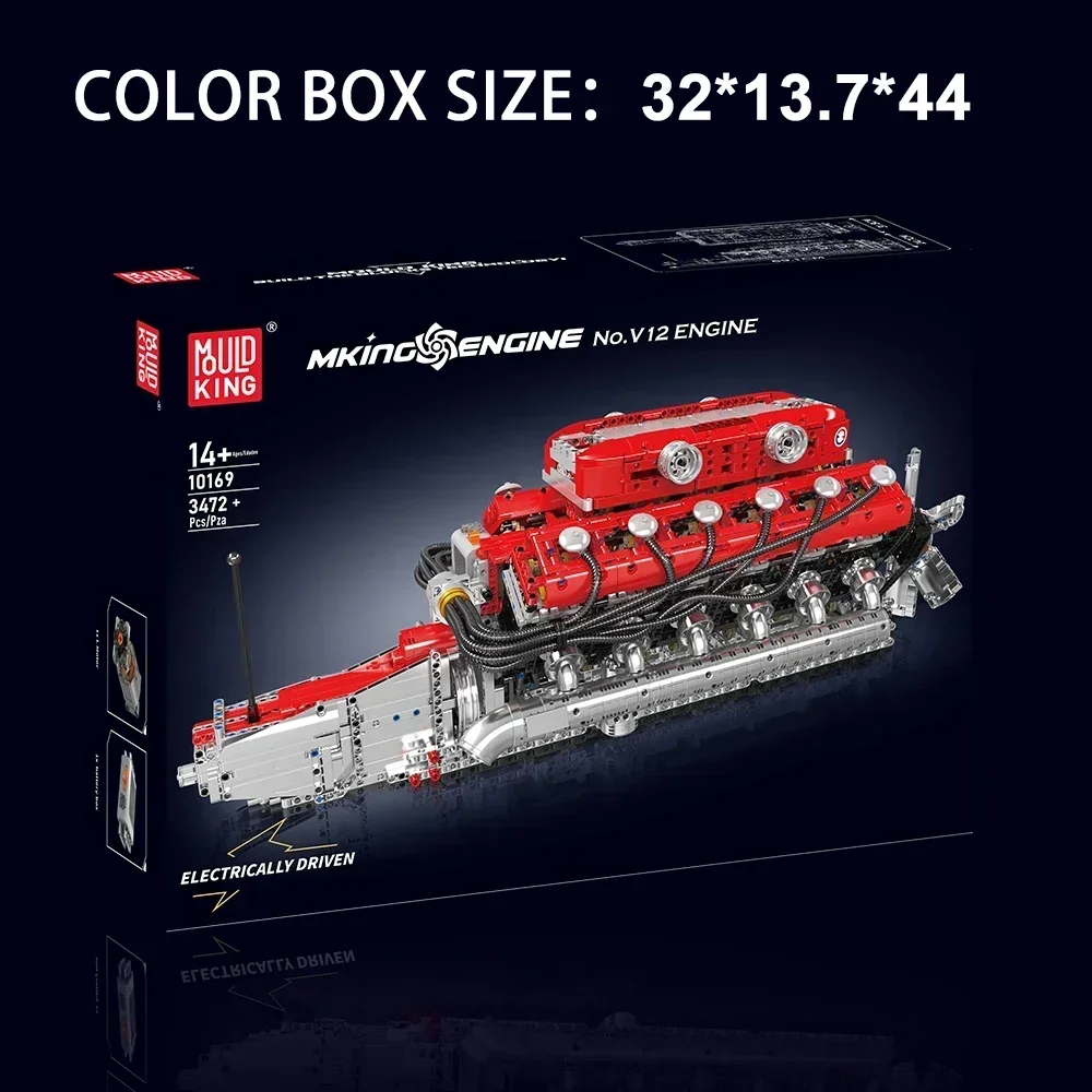 MOULD KING 10169 V12 Engine Model Motorized Simulation Model MOC Building Blocks Bricks Electrically Drive Car Technic Parts Toy