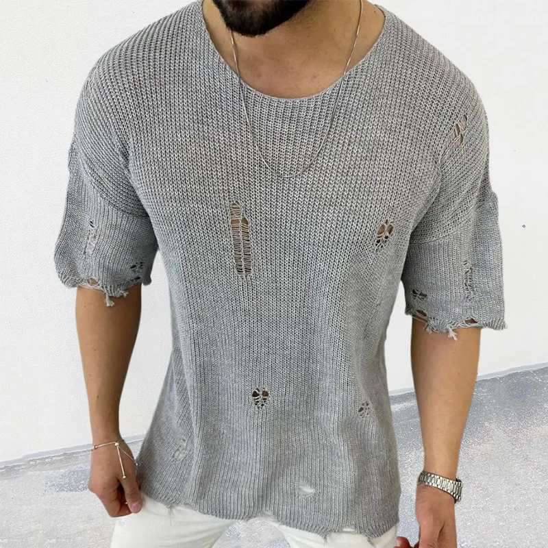 2024 Summer New Men\'s Solid Color Sweater Round Neck Short Sleeve Hollow-out Pullover Sweater Top Shirts