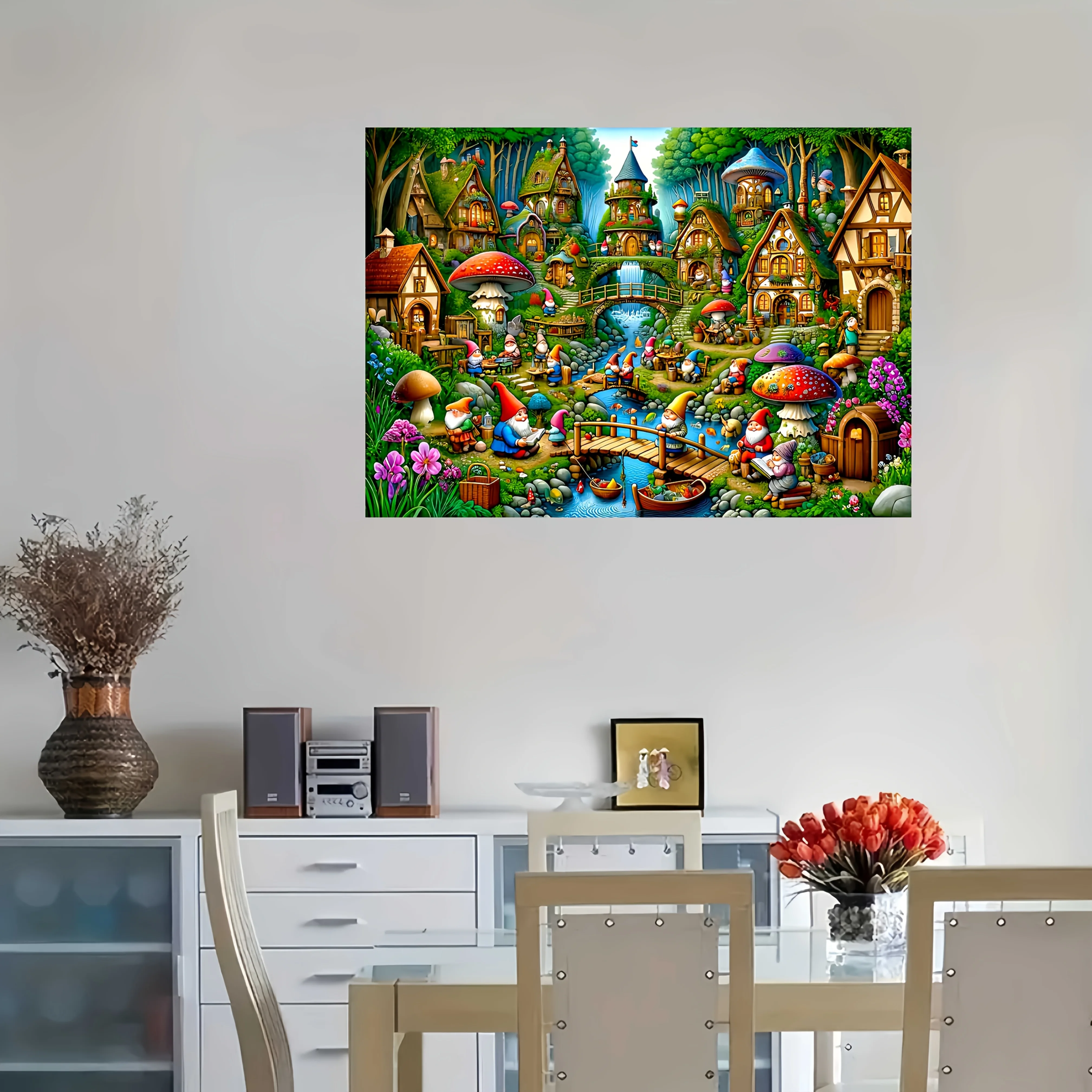 [Fantasy Landscape Puzzle] 1000pcs Dwarfs Village Puzzle - Vibrant Fantasy Landscape with Gnome Houses, Mushrooms & Waterfall,