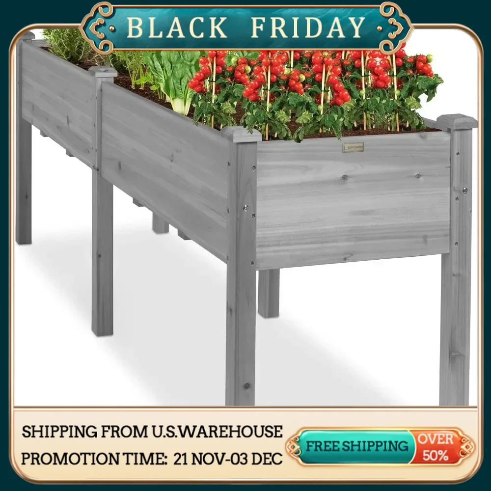 72x23x30in Raised Garden Bed Elevated Wood Planter Box Stand for Backyard Patio Balcony W/Divider Panel 6 Legs 300lb Capacity