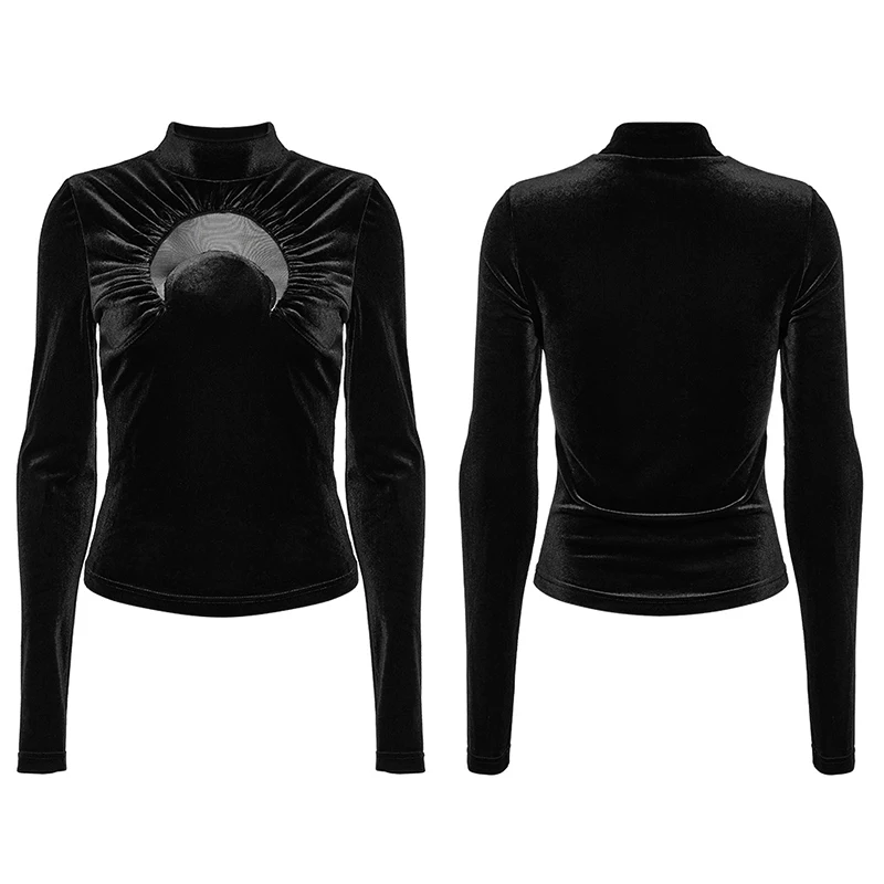 PUNK RAVE T-shirt da donna in velluto con stampa gotica quotidiana a mezzaluna prospettiva sexy con colletto rialzato Primavera/Autunno