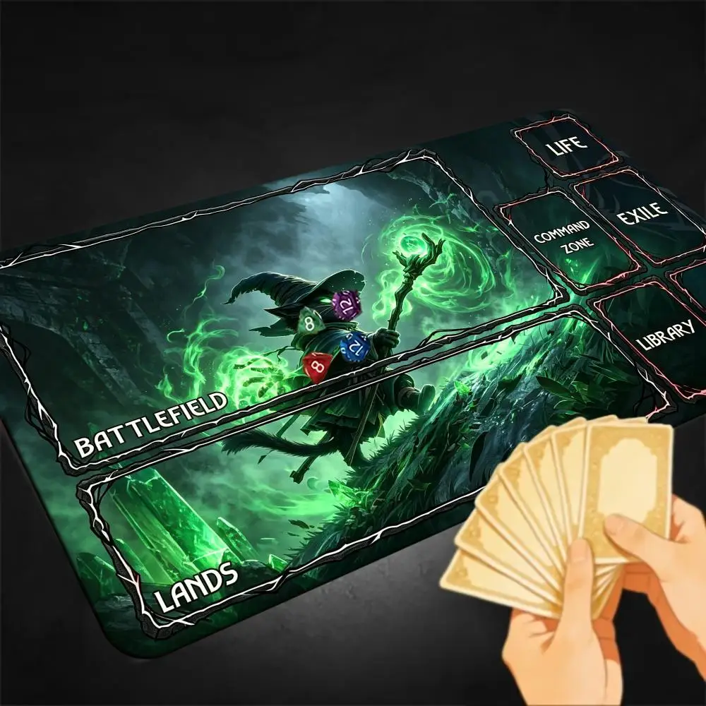 Green Warlock Cat TCG Playmat With Zones, Trading Card Game Mat Battlefield Lands Command Zone Exile Library, Non-Slip Rubb