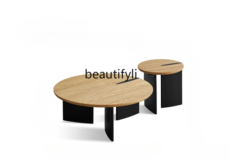 

French retro ash wood Nordic small apartment round solid wood small edge table double round coffee table