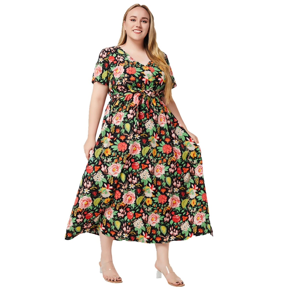 Plus Size lato New Arrival dekolt z krótkim rękawem kwiatowy nadruk sukienki w stylu boho dla kobiet