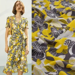 High Grade Elastic Chiffon Fabric for Dress, Grey Bottom with Yellow Big Flower, Lady's Garment, Sewing Tissue, T1953, Fashion