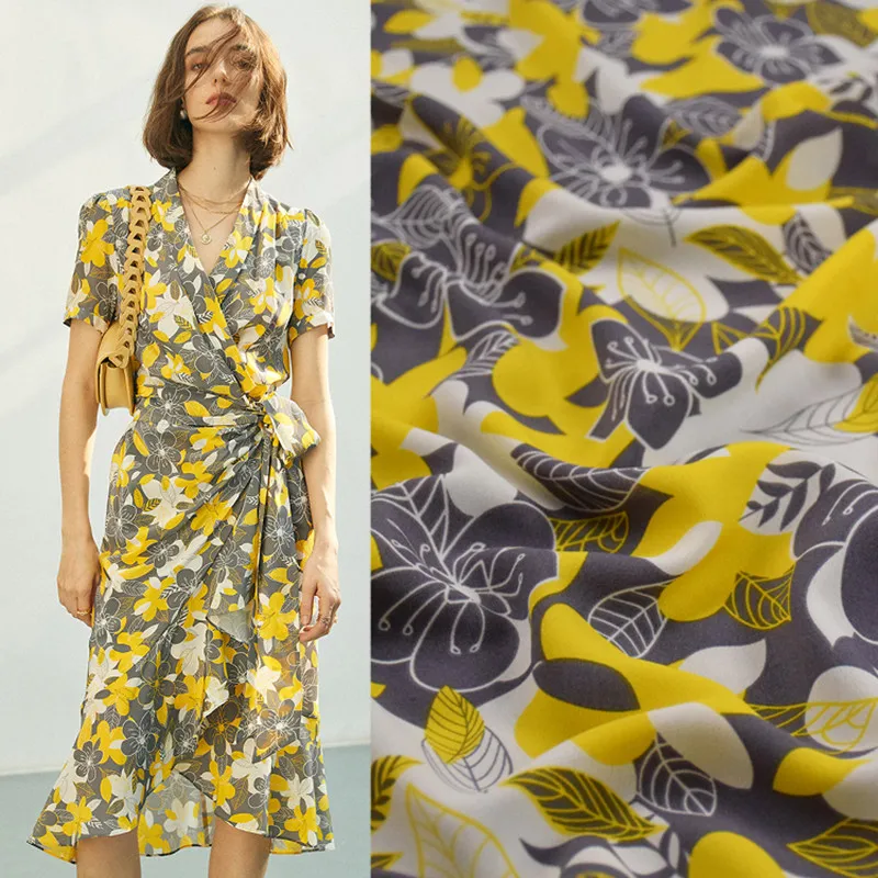 High Grade Elastic Chiffon Fabric for Dress, Grey Bottom with Yellow Big Flower, Lady's Garment, Sewing Tissue, T1953, Fashion