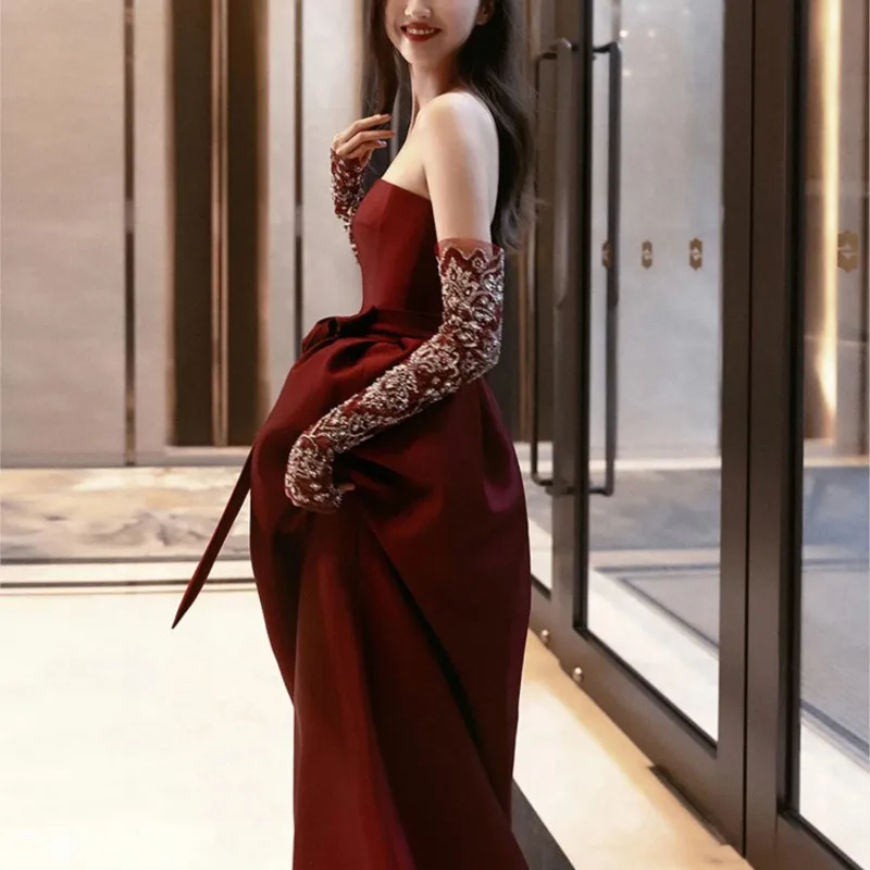 

Evening Dress Women's Light Luxury Wine Red High-Grade Host Banquet Tube Top Satin Fishtail Toast