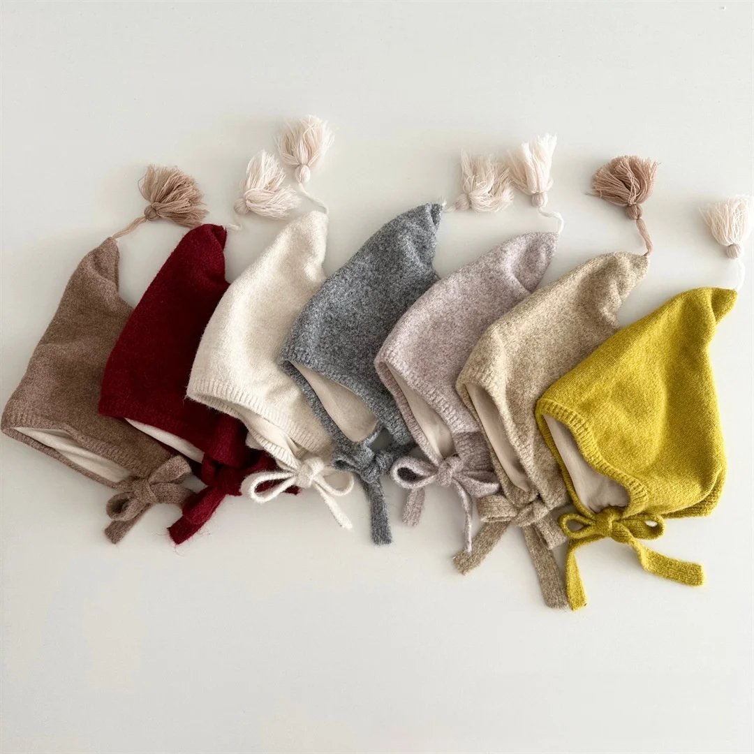 

Korean Knit Hat Winter Warm Unisex Pointed Top Tassel Beanie Thick Ear Protection Cap Kids for Boys Girls