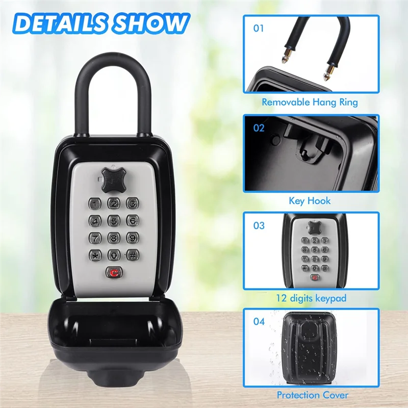 

A19F-Key Safe -Spacious Resettable 12-Digit Combination Keypad Lock Box, Waterproof Key Safe Wall Mounted Lockbox For Home