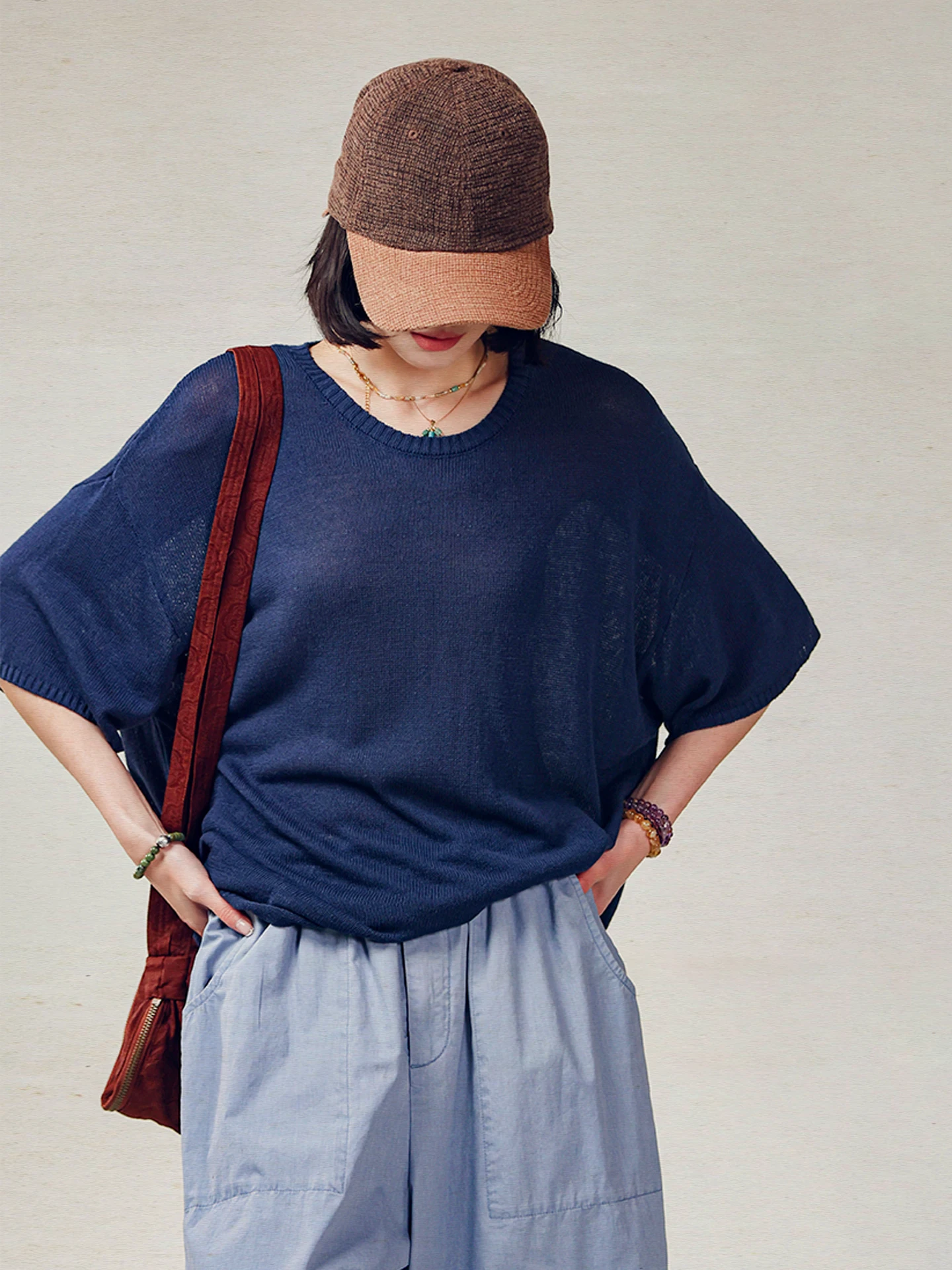 

Artist Inspired Knitted Sweater Anti-Ball Massele Hemp Drapey Ribbed Collar Spring Summer Women's Loose Fit Knitwear