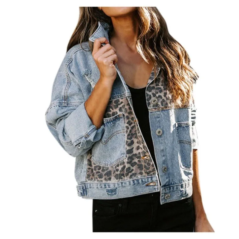 Chaqueta vaquera con costura de leopardo para mujer, abrigo de manga larga con solapa, botones, bolsillo en el pecho, Tops femeninos