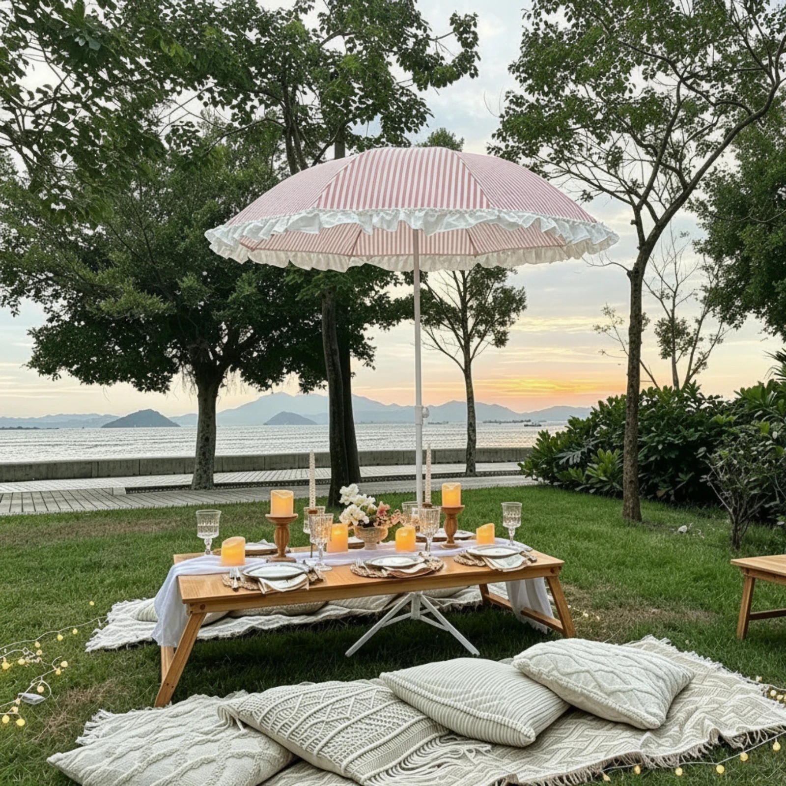 Striped Umbrella with Fringe Portable Foldable Sun Umbrella with Base Fringe Sun Umbrella with Stand Decorative Sunshade Boho