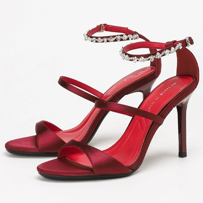 

Satin Rhinestone Chain Luxury Heeled Sandals Women Open Toe Ankle Buckle Elegant Designer Wedding Dress Party High Heels Women