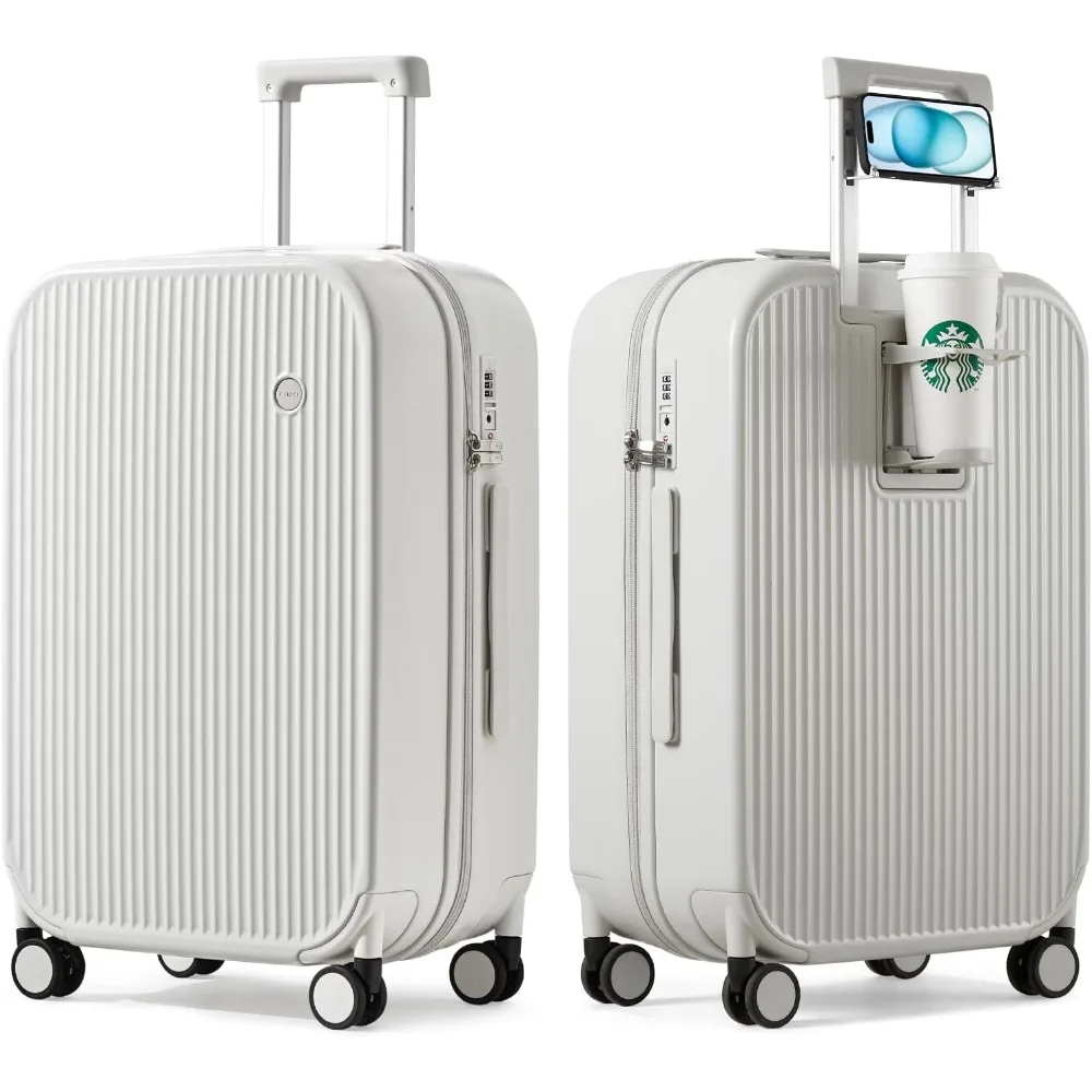 

24 Inch Smoke White Hard Shell Rolling Suitcase with Spinner Wheels and Cup Phone Holder