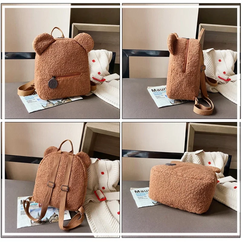 Sac à dos de dessin animé en peluche marron avec oreille d\'ours en peluche pour bébé, petits sacs d\'école à fermeture éclair pour tout-petits