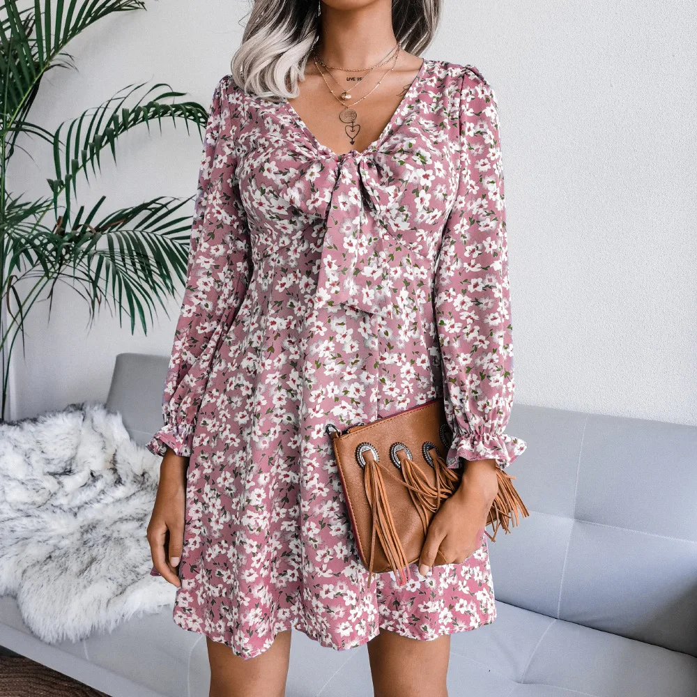 

Women's floral chiffon dress for spring and summer casual bow tie dress