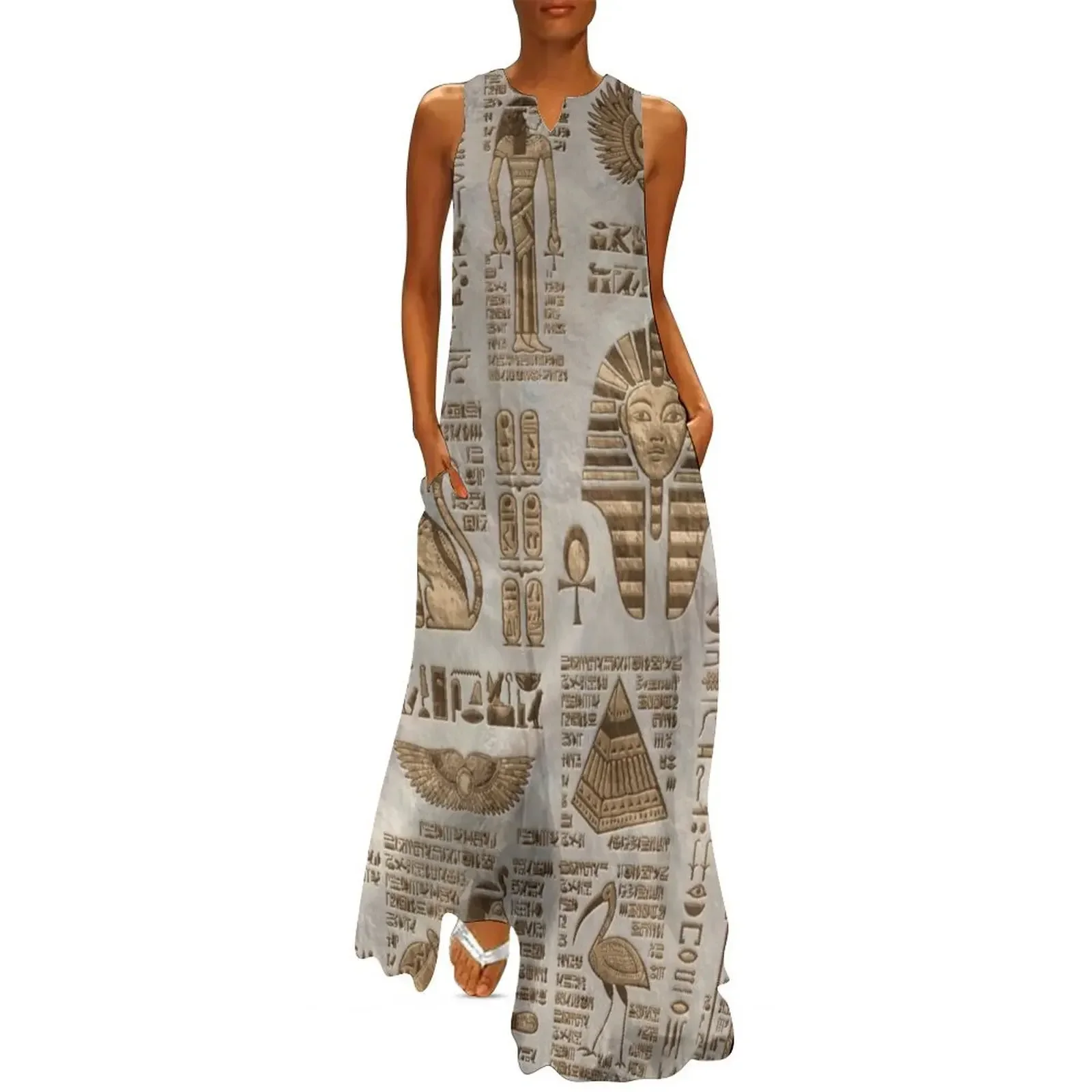 

Egyptian hieroglyphs and deities -Vintage Gold Long Dress dresses for special events Dress vintage dress women summer 2025