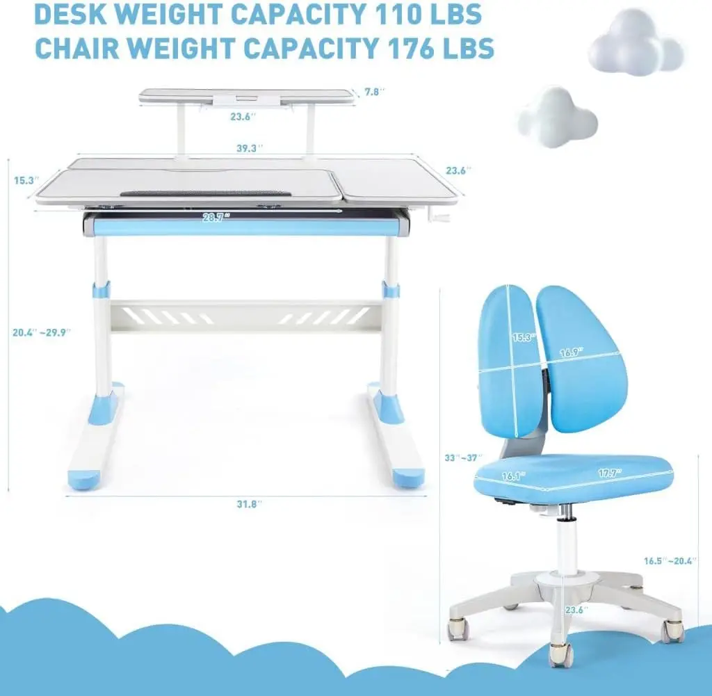 Premium Kids Study Desk and Chair Set,Adjustable Boys School Writing Study Table,Ergonomic Desk Chair with Large Writing Board P