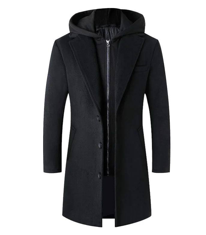 

Мужское полушерстяное пальто со съемным плащем с капюшоном и длиной до бедра