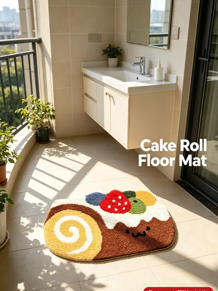 Cute Swiss Roll Cake Bath Mat, Soft Plush Non Slip Absorbent Bathroom Rug, Cartoon Fruit Cream Cake Shaped Floor Mat for Home Ba