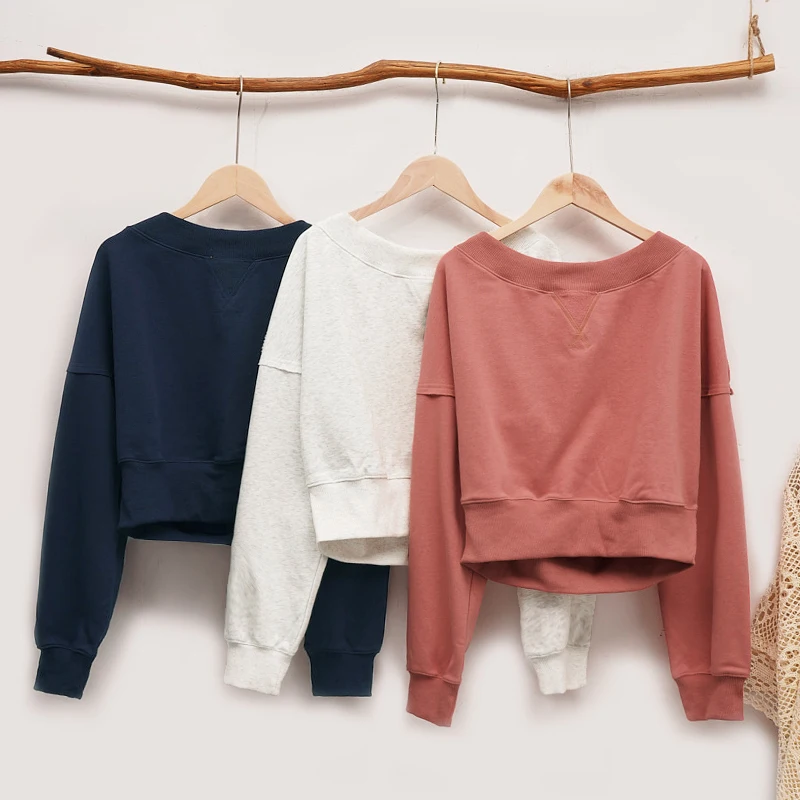 

Sean Tsing Sports Cotton Red Sweatshirts One Off-Shoulder Long Sleeve Women Pullover Hoodie Yoga Outfits Gym Running Taining Top