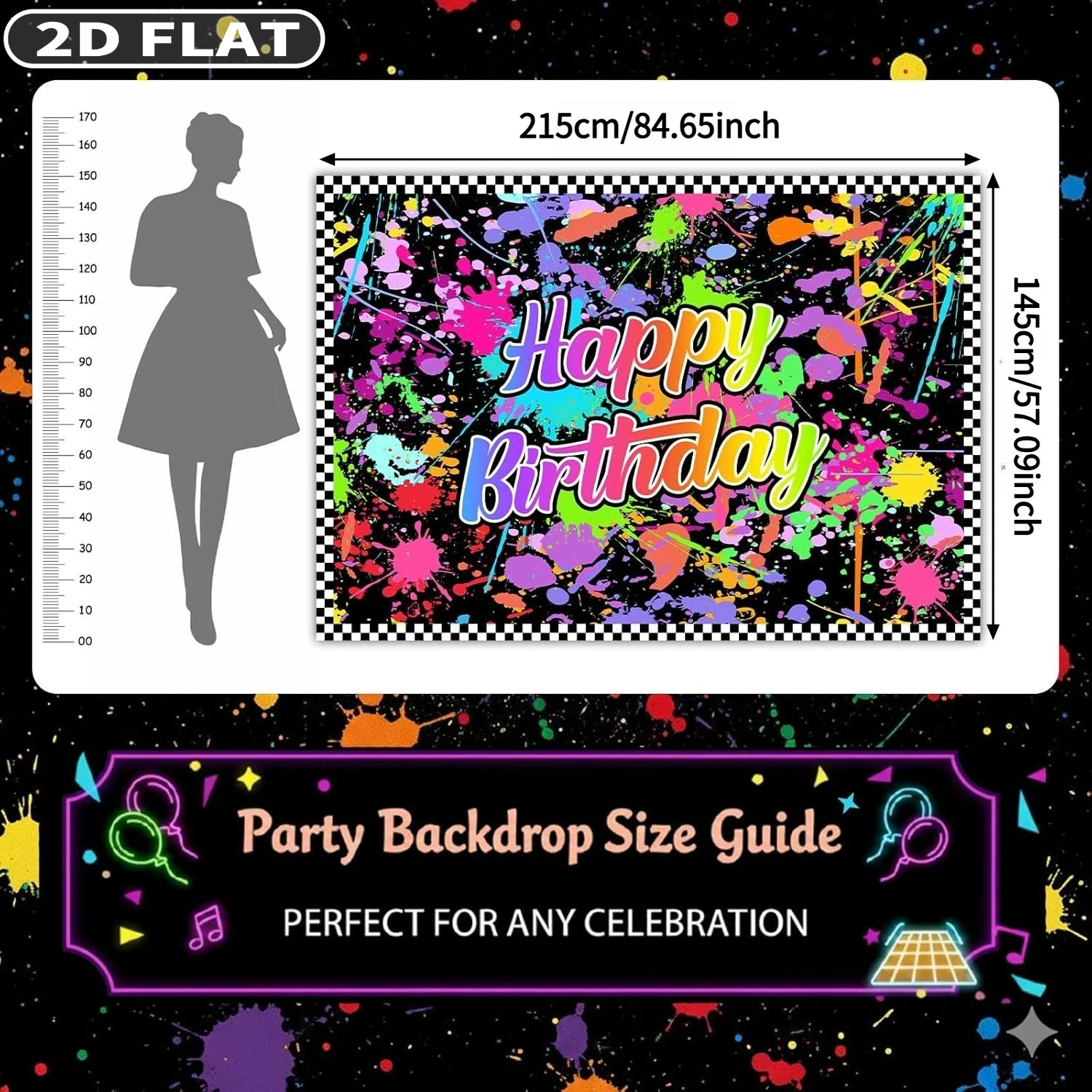 2D FLAT 1pc Happy Birthday Party Banner for Glow in The Dark Party - 145x215cm/57.08x84.64inch Neon Splatter Graffiti Background