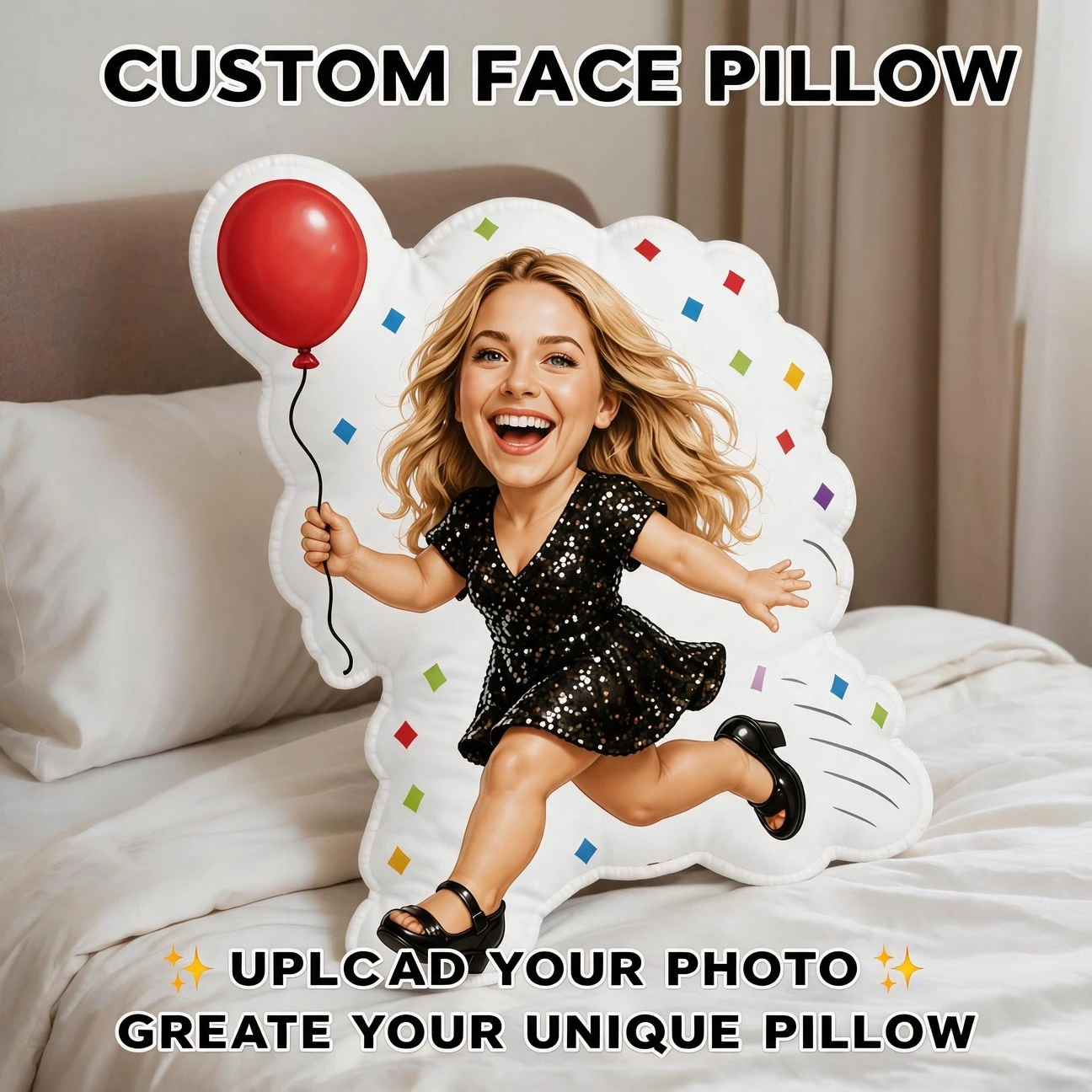 Personalized Photo Face Pillow with Custom Photo/ - Smiling Woman in Black Sequin Dress & Red Balloon Suitable for Sofa, Bed Dec