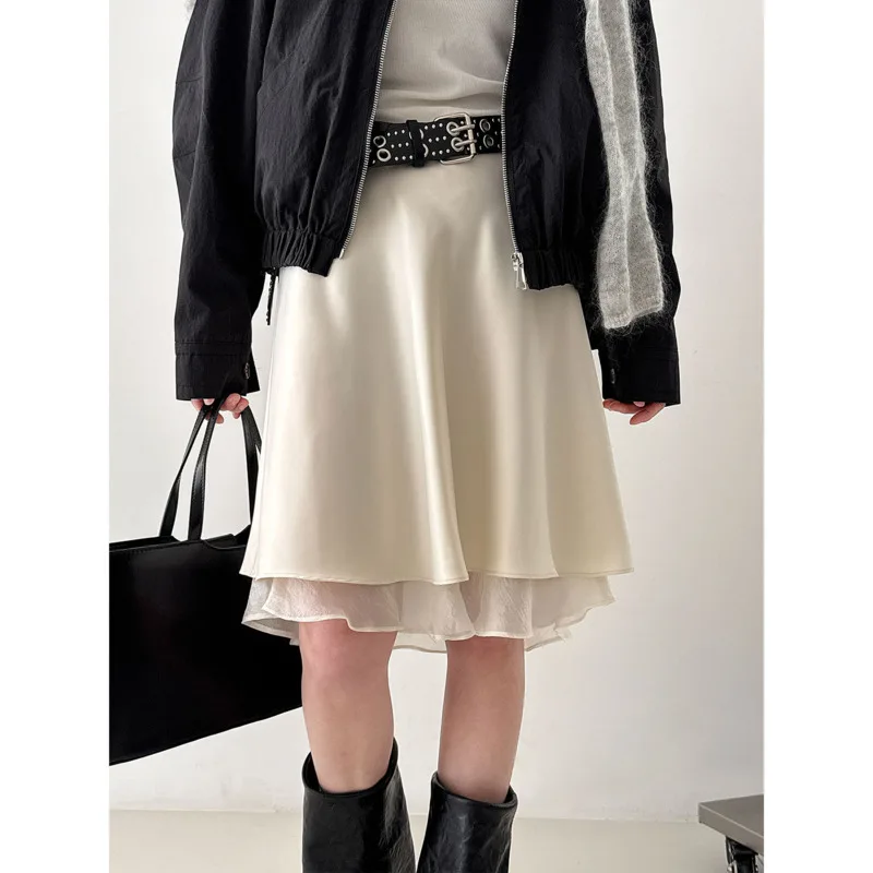 

Women Mesh Patchwork Mini Skirts Spring Summer Elastic Waist Ruffled A-line Satin Skirt