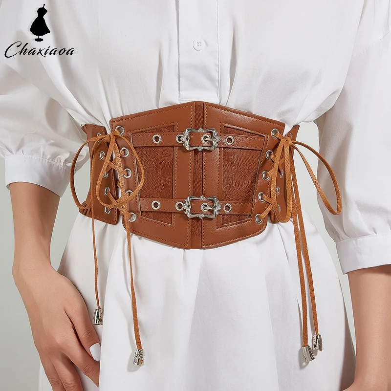 Cintura elástica com fivela de metal retrô para mulheres, cinta de renda, faixa de couro, camisa, vestido, espartilho, modelagem corporal, decoração