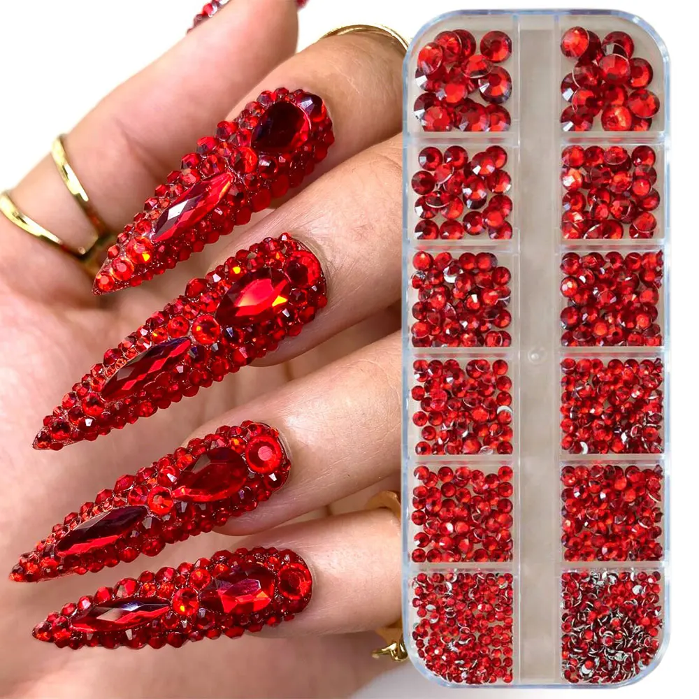 

12grids Red Nail Gems Rhinestones 2/3/4/5mm Flat-Back Nail Crystal Diamond SS6/10/16/20/30 Mixed Luxury Glass Rhinestones Charms