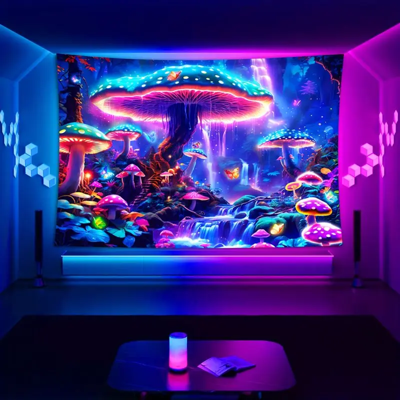 VIKAMA Blacklight Giant Mushroom Tapestry Neon Glowing Forest Waterfall Butterfly Wall Hanging UV Trippy Fairy Decor