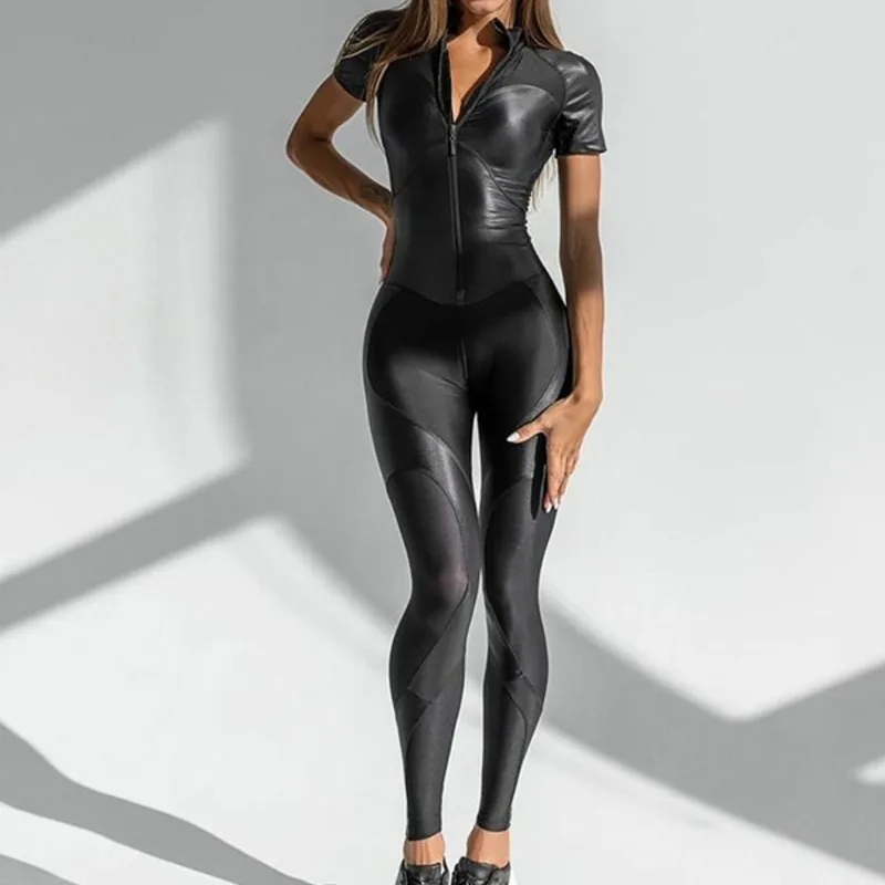 

Women's Trouser Suits Sportswear Sets Leather Split-Joint Half-Sleeves Jumpsuits Tight Fitting Legging Sportswear Suit for Women