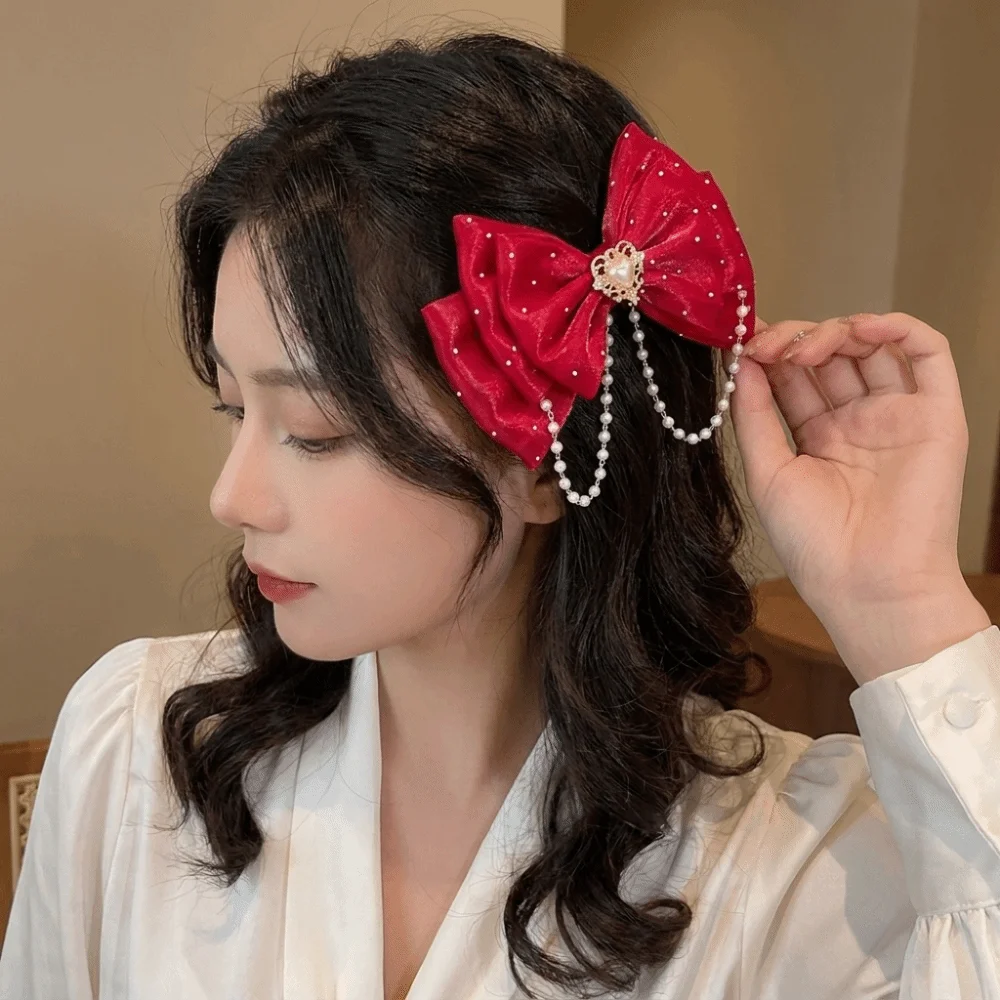 Floral Organza Tulle Bow Hair Clips Rhinestone Heart Duckbill Clips Lightweight Pearl Tassel Chain Princess Barrettes Vacation