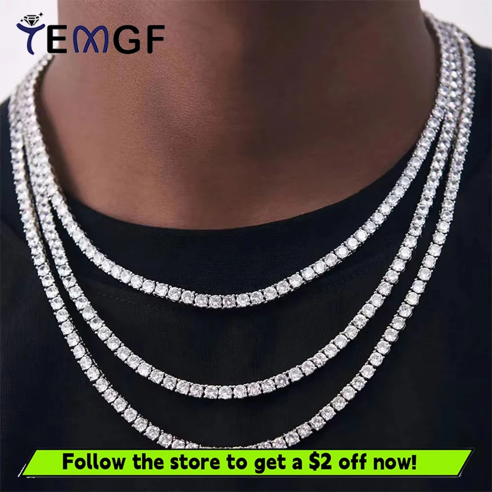 

TEMGF Full Moissanite Tennis Necklace 925 Sterling Silver Chain for Women Man Classic Hip Hop Sparkling Fine Jewelry With GRA