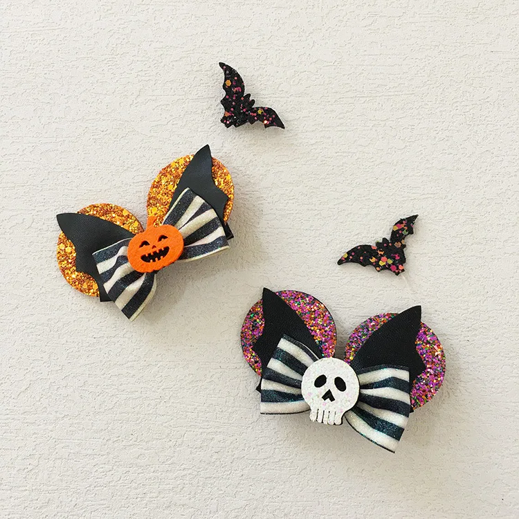 10pcs Glitter Bat Ghost Pumpkin Hairpins Cartoon Bow Hallowmas Hair Clips Halloween Party Headwear Boutique Hair Accessories