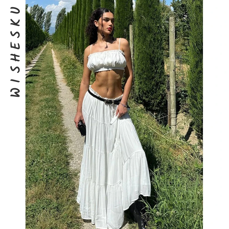 

Two Piece Set Women Pleated Maxi Skirt Outfits Sexy Spaghetti Strap Camisole Top+Low Rise Casual Loose Skirts 2025 Summer Beach