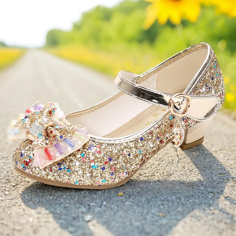 Girl's High-heeled Shoes Kid's New Sequins Purple Leather Shoes Childrne's Princess Students Performance Bow Shoes