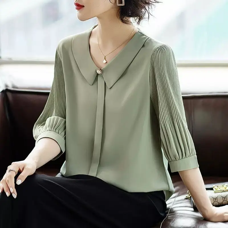 

Office Lady Half Sleeve Shirt Stylish Folds Summer Solid Color Turn-down Collar Korean Female Clothing All-match Loose Blouse