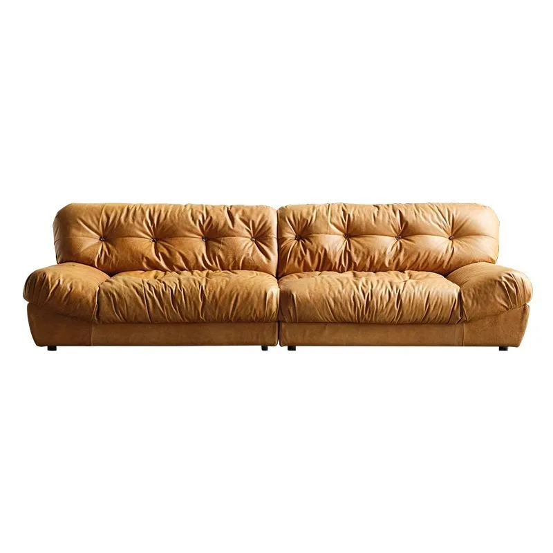 

Retro cloud sofa living room Italian light luxury small apartment medium and ancient style oil wax leather sofa