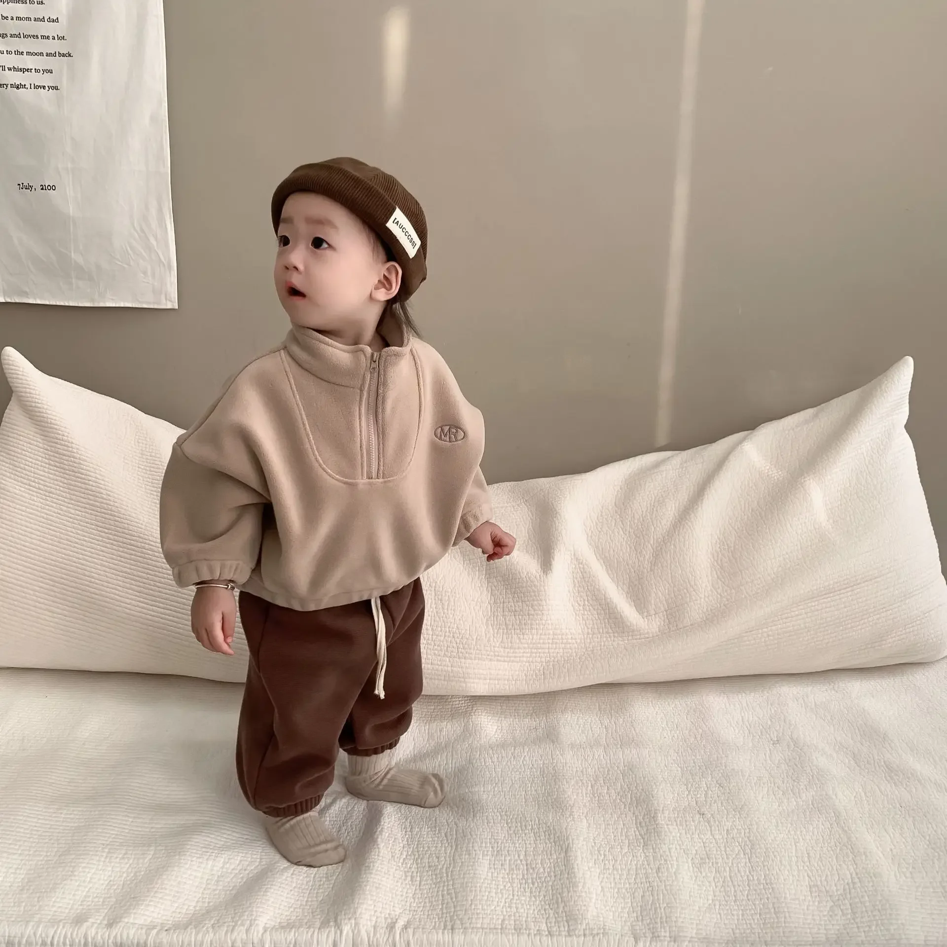 2023 Autumn Color Contrast Fleece Hoodie Pants Suit Warm Fashionable Two Piece Set Baby Clothing Winter Warm Korean Style