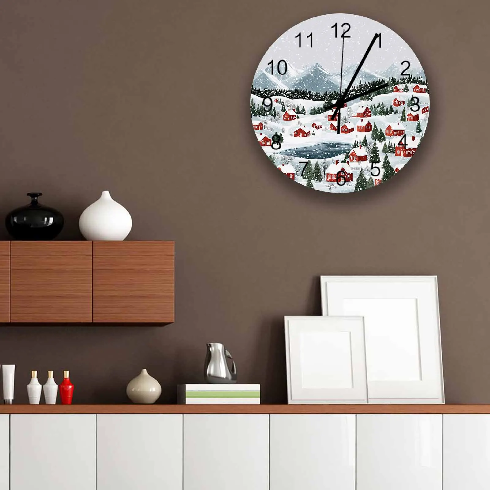 

Winter Snowflake Hand Drawn Town Wall Clock Large Modern Kitchen Dinning Round Wall Clocks Bedroom Silent Hanging Watc