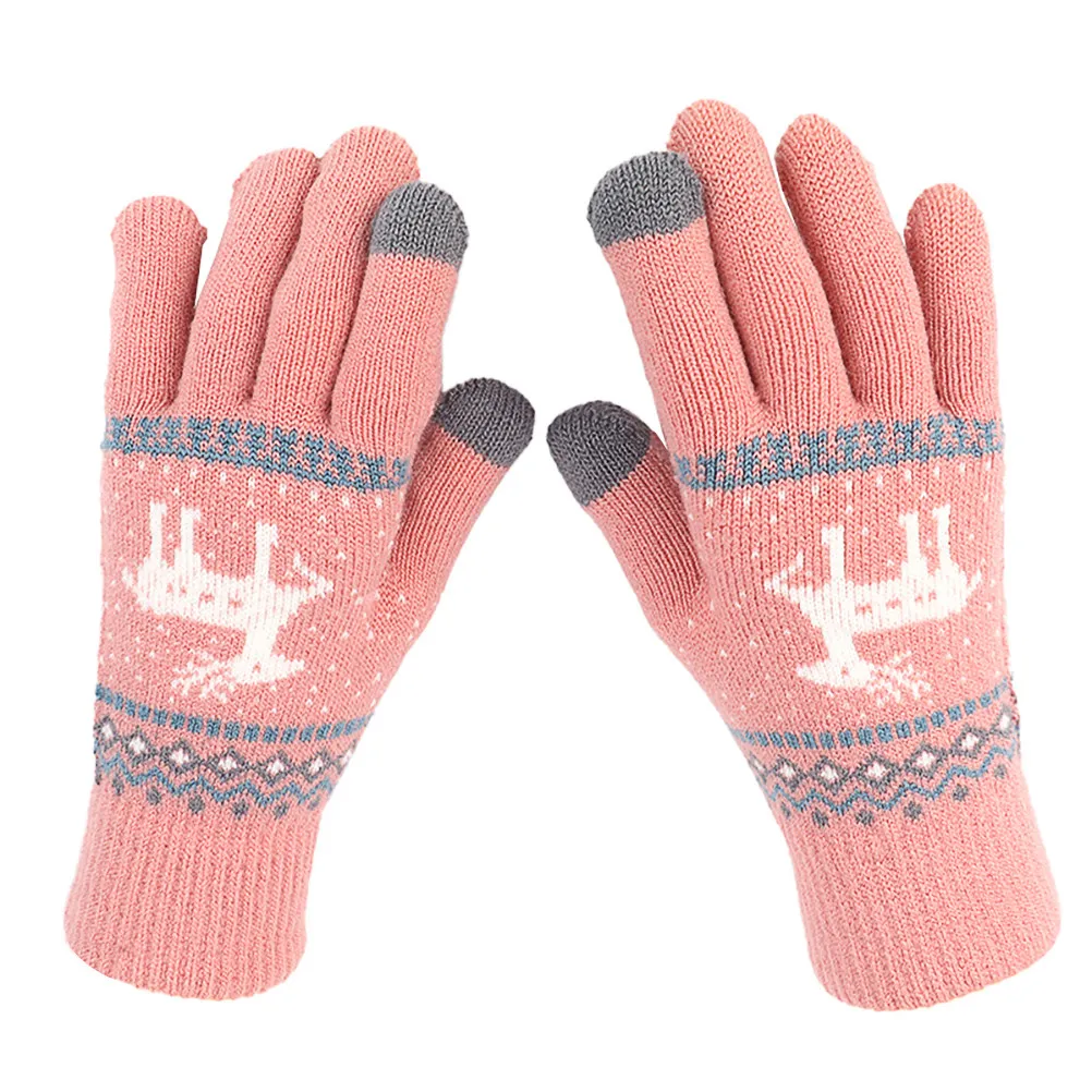 1 Pair Touch Screen Gloves Thick Knitted Christmas Design Winter Warm Full Finger Gloves For Women Jacquard Pattern Cycling Hand
