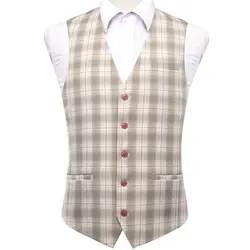 Hi-Tie Beige Multi Viscose Mens Vest Jacquard Check Waistcoat Sleeveless Jacket for Male Designer Wedding Business High Quality