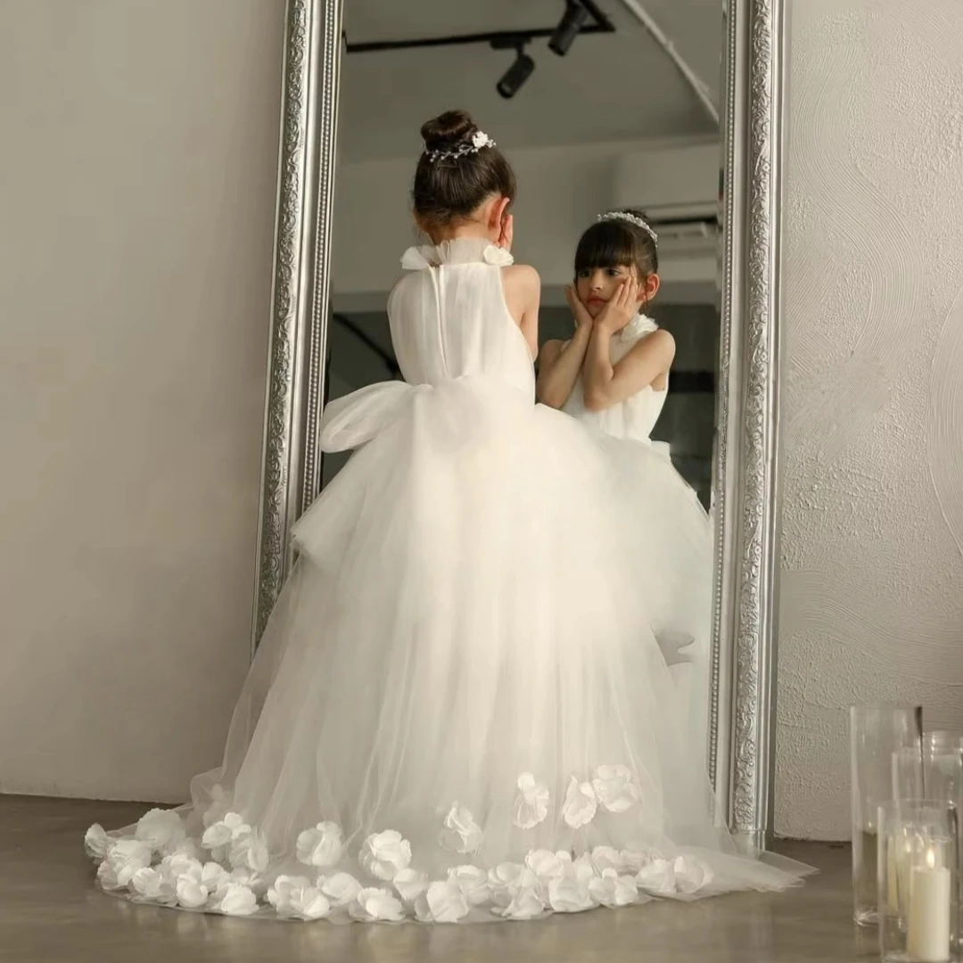 Luxury Custom Made 2026 New Elegant White High Low Tulle Flower Girl Dress With 3D Floral Train Wedding First Communion Baptism