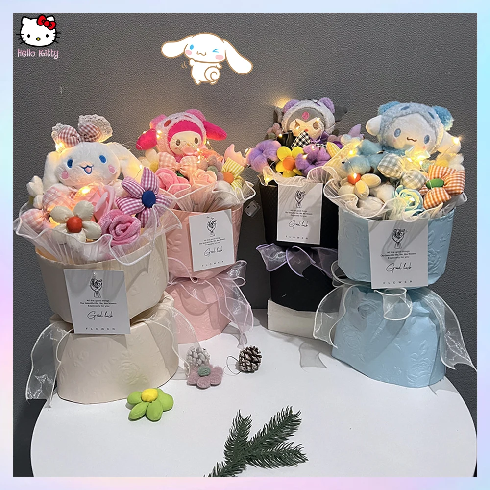 

Cinnamoroll Doll Bouquet Sanrioed Kawaii Hello Kitty Kuromi Melody Anime Plush Decorate Lamp Birthday Girlfriend Festival Gift