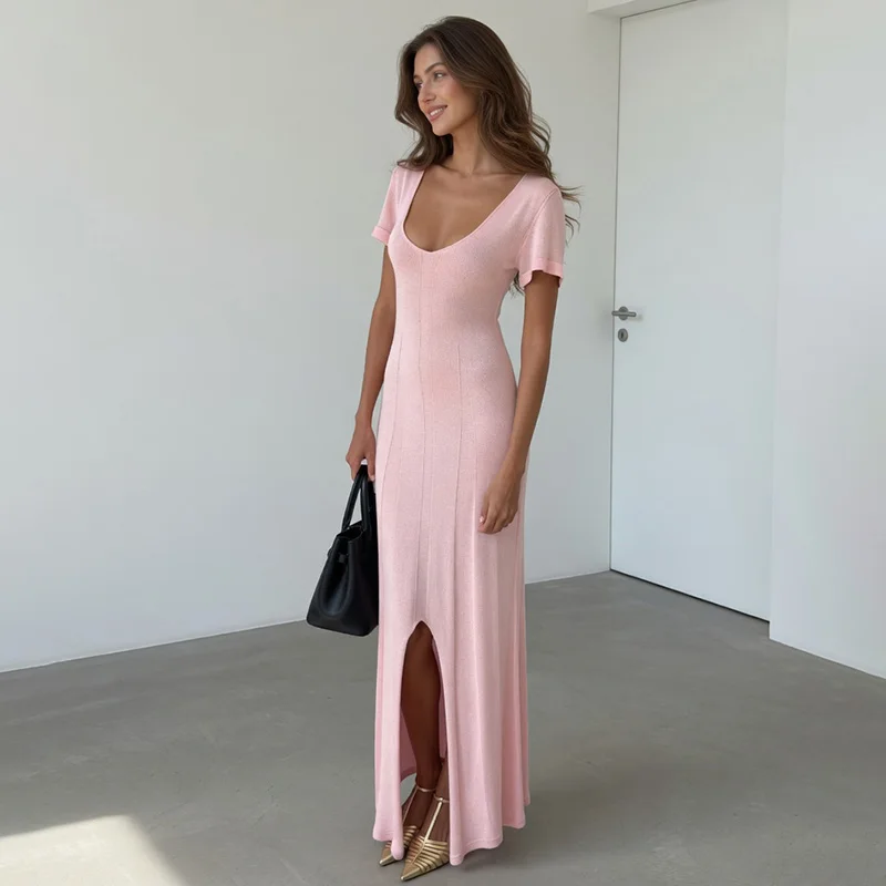Sommerliches Kurzarm-Strickkleid für Damen – Einfarbiges V-Ausschnitt-Kleid mit Schlitz, Langes, Schmales, Sexy Partykleid, Strandkleid für den Urlaub 2026