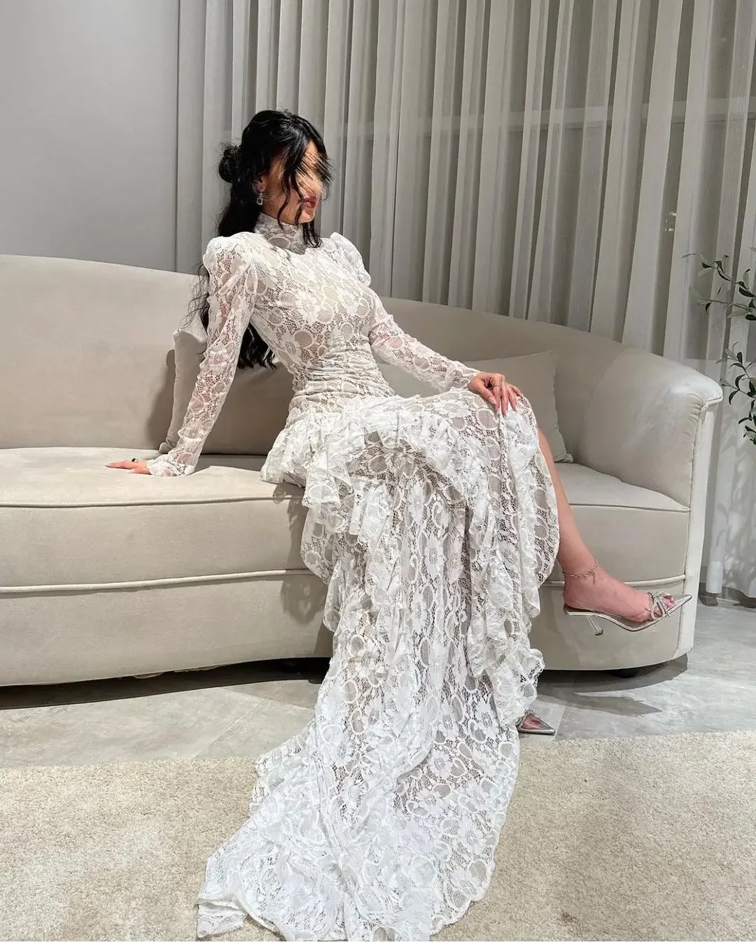 O-Neck Hi-Lo Saudi Arabia Evening Gowns 2023 Formal Party Dress Elegant Women Mermaid Long Sleeves Lace Prom Dresses