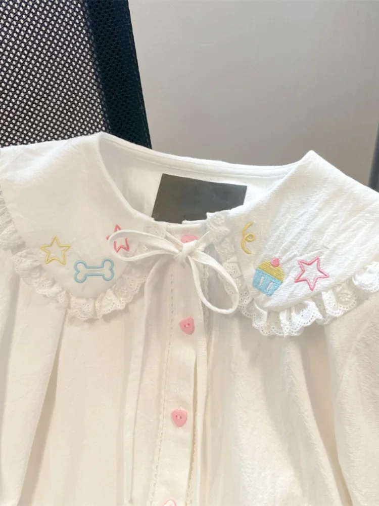 2024 Spring Blouse Women Japanese Kawaii Cute Lace Patchwork Peter Pan Collar Shirt Vintage Sweet Embroidery Top Blusas Feminina